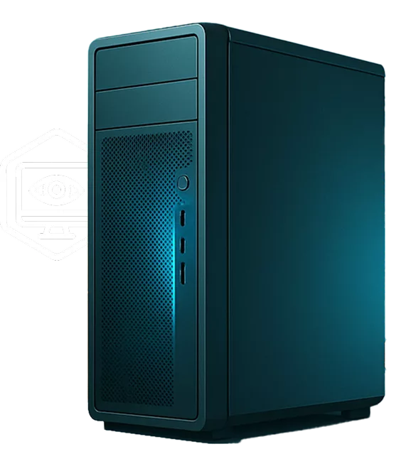 Tour d’ordinateur sombre avec reflets bleus, représentant la supervision et la maintenance des systèmes informatiques.