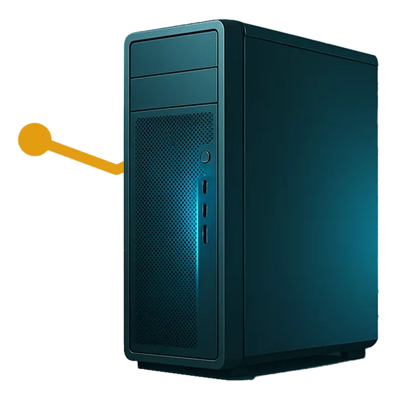 Tour d’ordinateur sombre avec reflets bleus, représentant la supervision et la maintenance des systèmes informatiques.