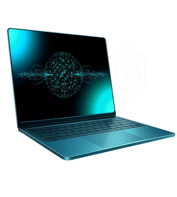 Ordinateur portable stylisé affichant un visuel réseau numérique, illustrant les missions informatiques d’ADMX.