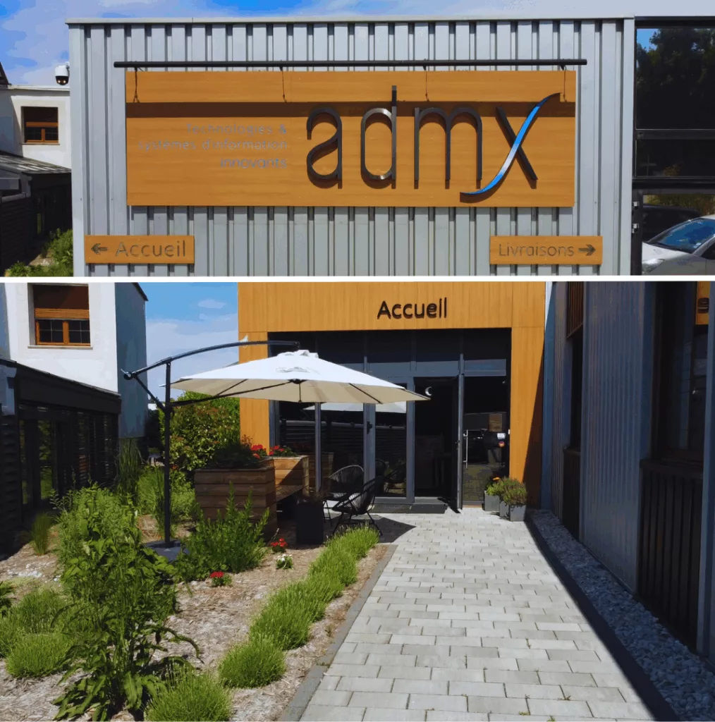 Photographies de la façade et de l’entrée de l’entreprise ADMX Informatique à Besançon.